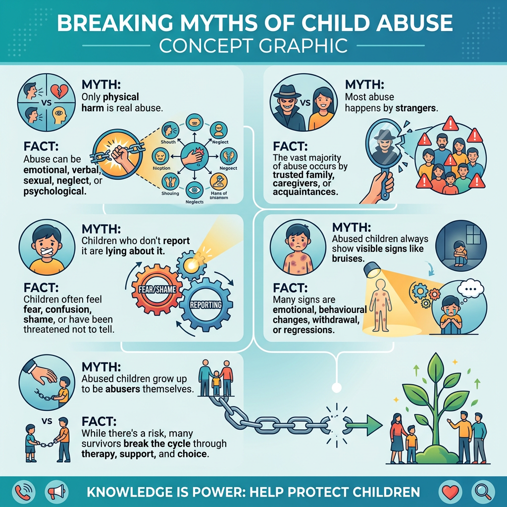Letting Go Cafe®-Graphic showing myths versus facts about child abuse, highlighting emotional, verbal, sexual abuse, trusted abusers, fear in reporting, invisible signs, and breaking the abuse cycle